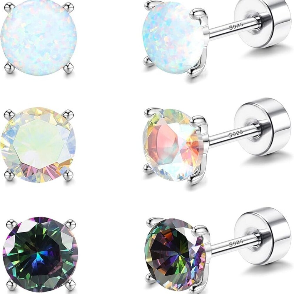 Sterling Silver Stud Earrings 5 Pairs Hypoallergenic Cz Opal Flat Back Gifts